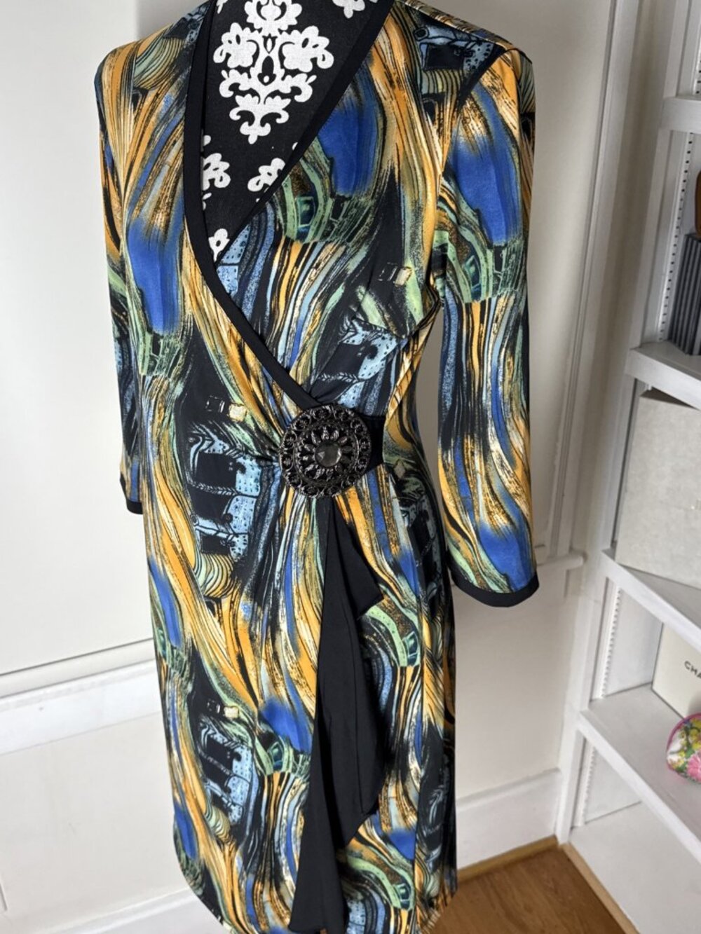 Milano Long Sleeve Dress Women's Size S Abstract, Colorful, Black Ruffles